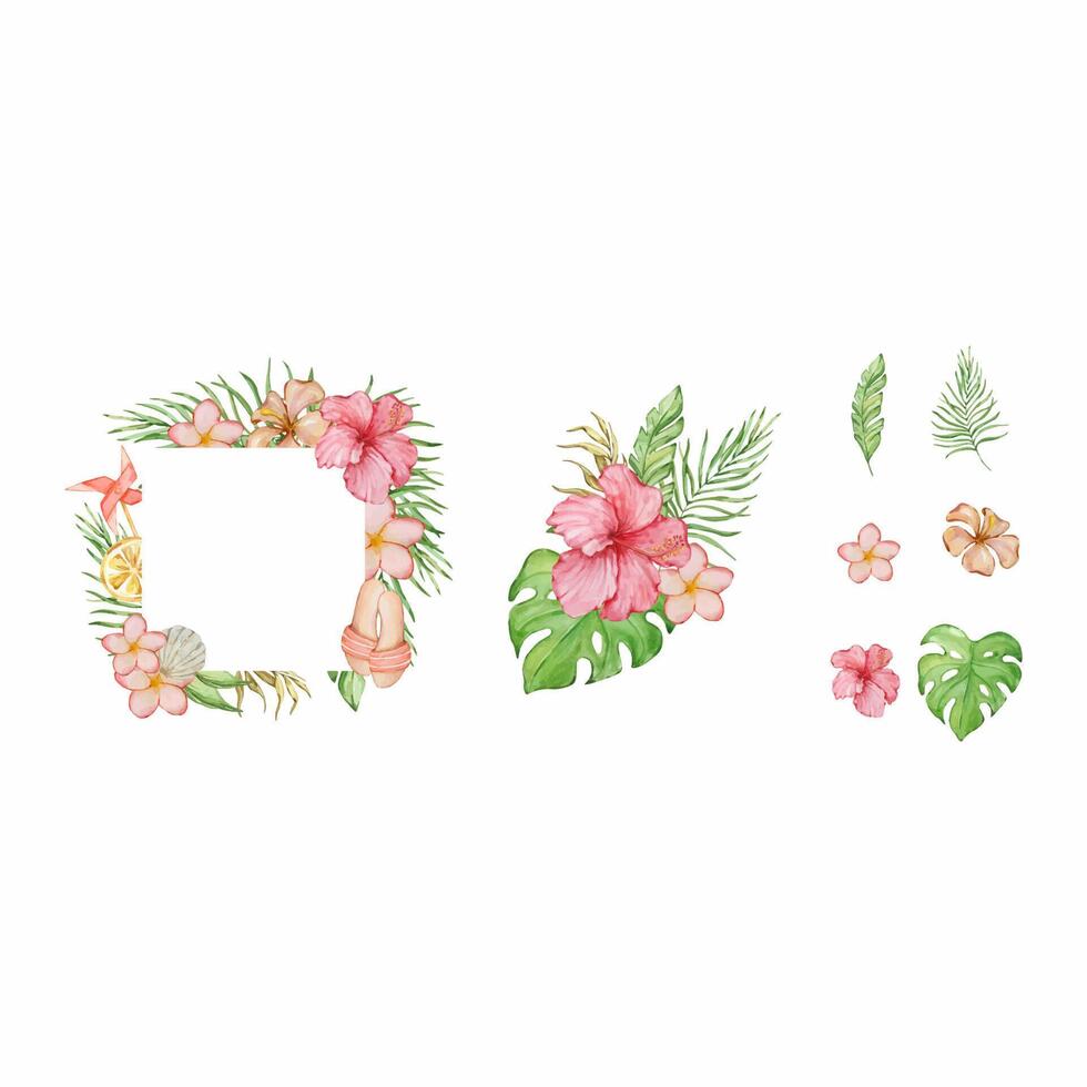 Watercolor tropical frame with flowers and leaves set vector