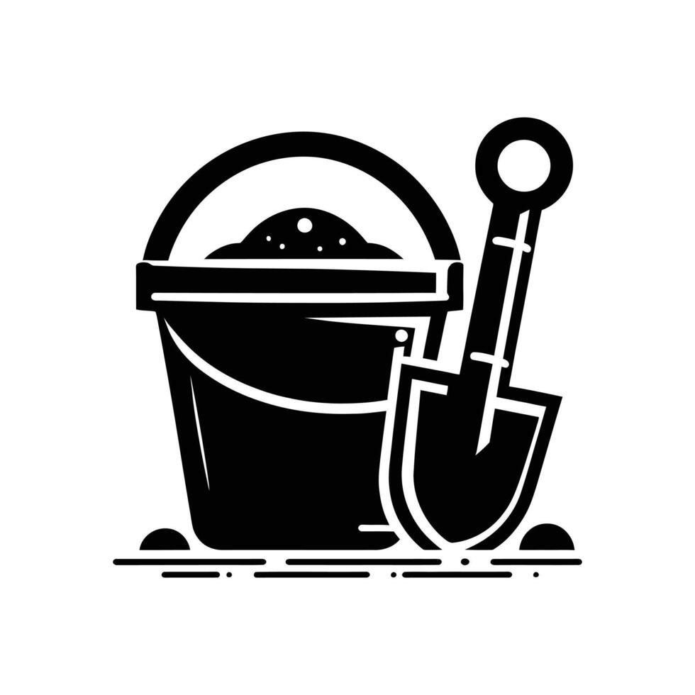 Black and White Icon of Bucket and Spade - Perfect for Summer Beach Activities, Kids Play, and Vacation Graphics vector