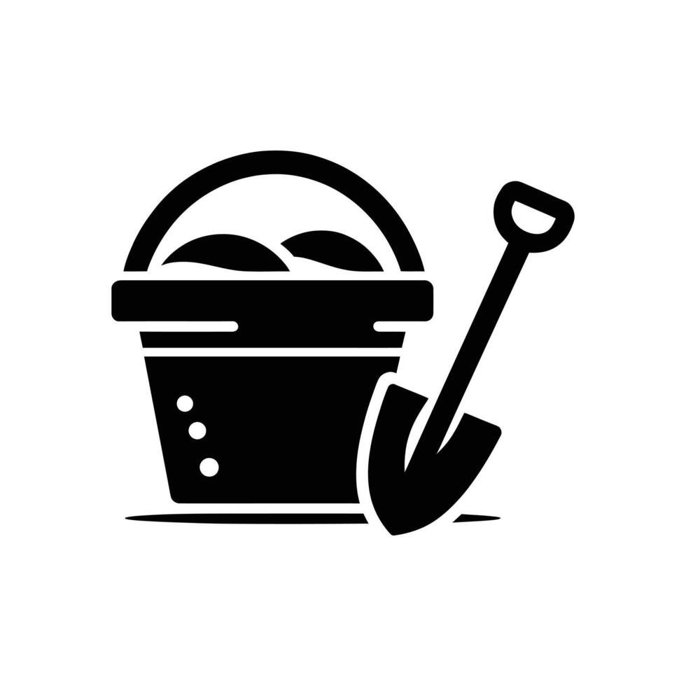 Black and White Icon of Bucket and Spade - Perfect for Summer Beach Activities, Kids Play, and Vacation Graphics vector