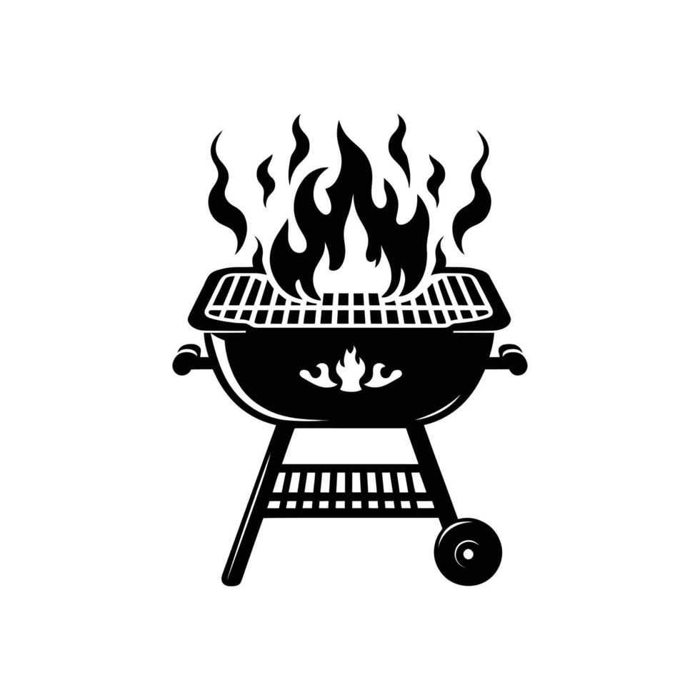 High-Quality Black and White Barbecue Grill with Flames Silhouette - Ideal for Food and Summer Illustrations vector