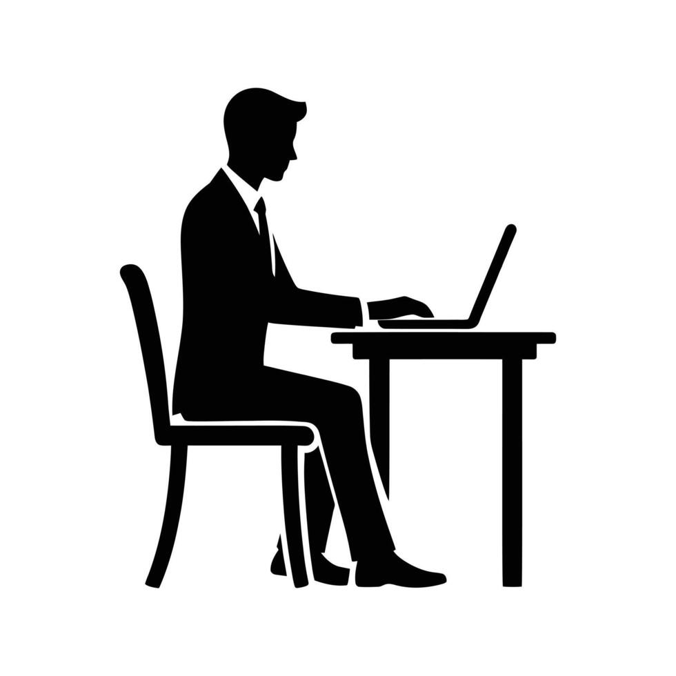 Elegant Business Professional Using Laptop Silhouette for Office Designs, Corporate Branding, and Workplace Graphics vector