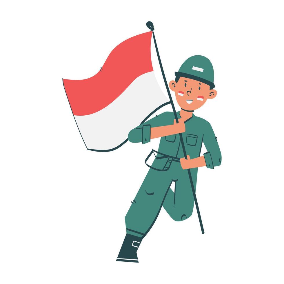 Soldier joyfully running and waving an indonesian flag in celebration of independence day vector