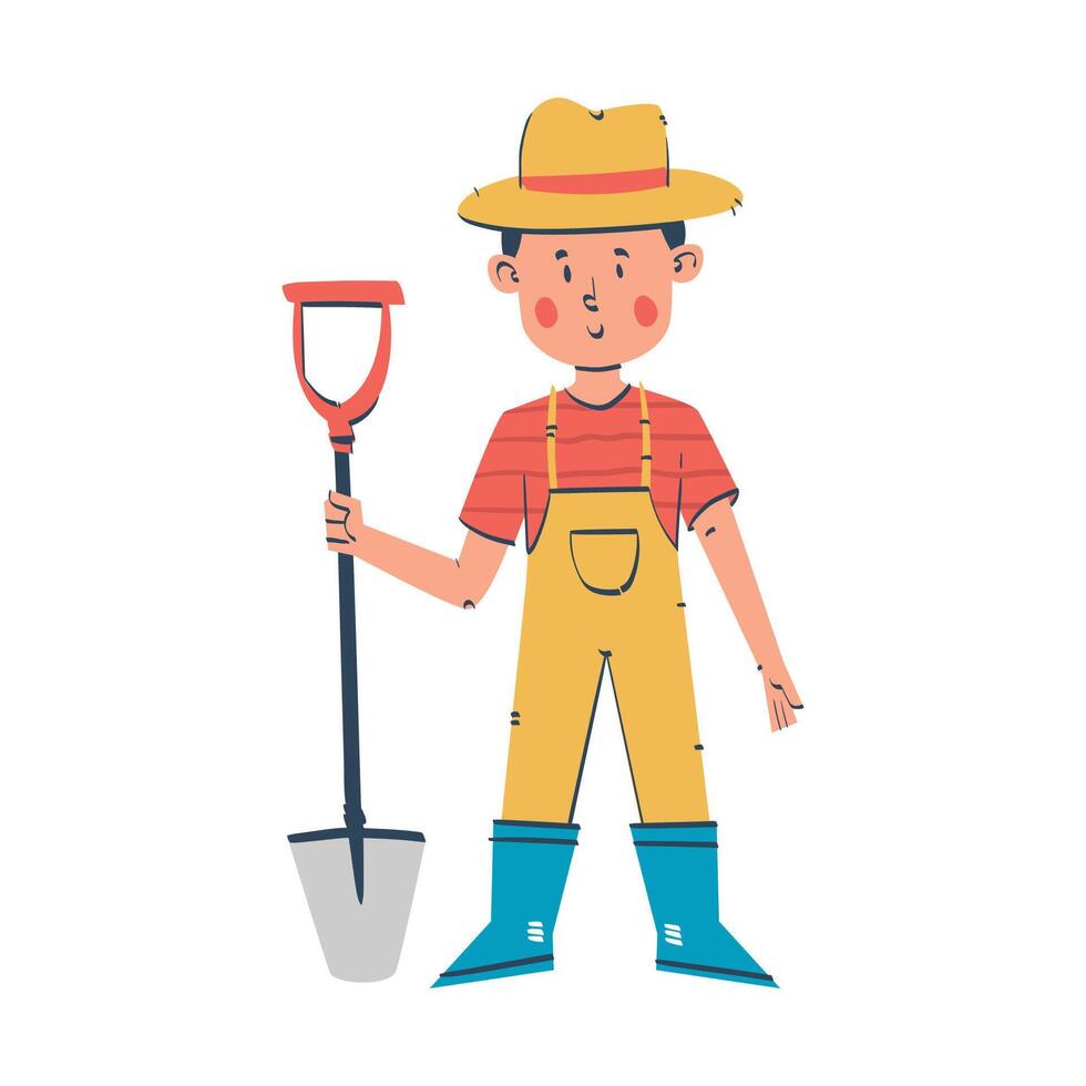 Young farmer boy holding shovel ready for work on farmland. Inspiring Future Career for Kids vector