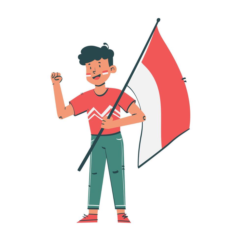 Young man proudly holds the indonesian flag while raising his fist in celebration of indonesian independence day vector
