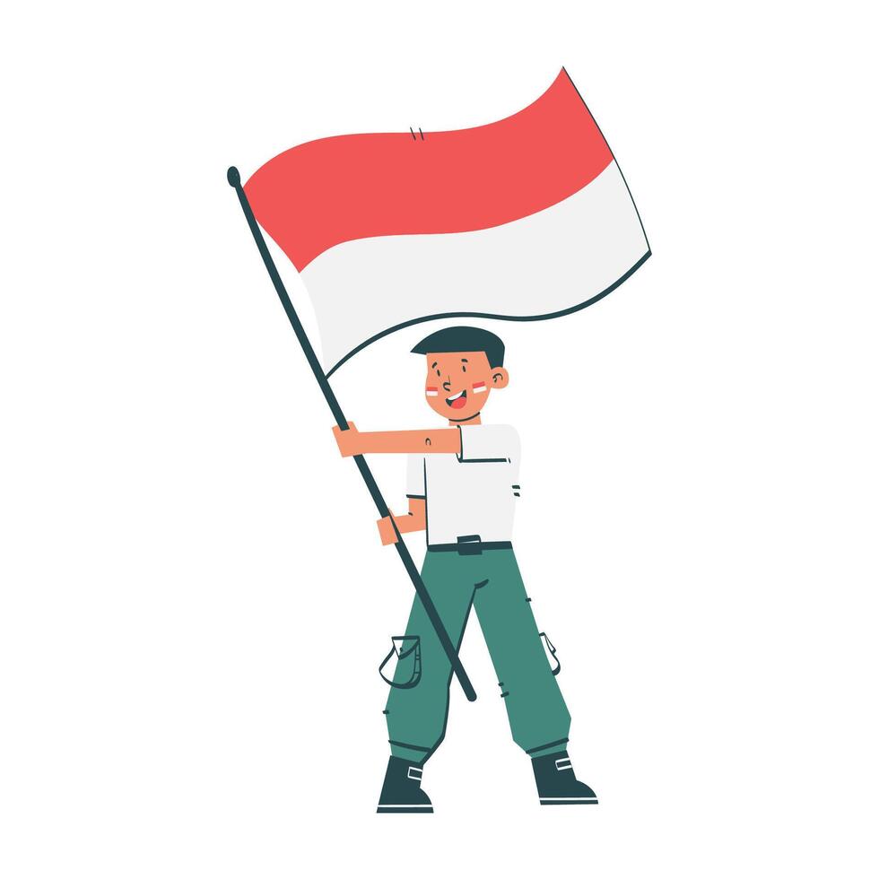 Young man is waving the indonesian flag, celebrating the country's independence day vector
