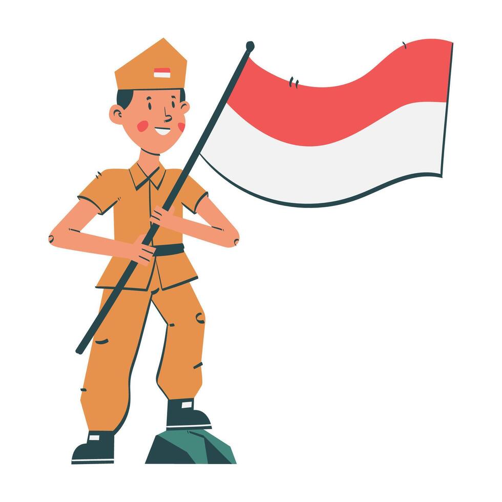 Indonesian independence day celebration with a young man proudly holding the national flag vector