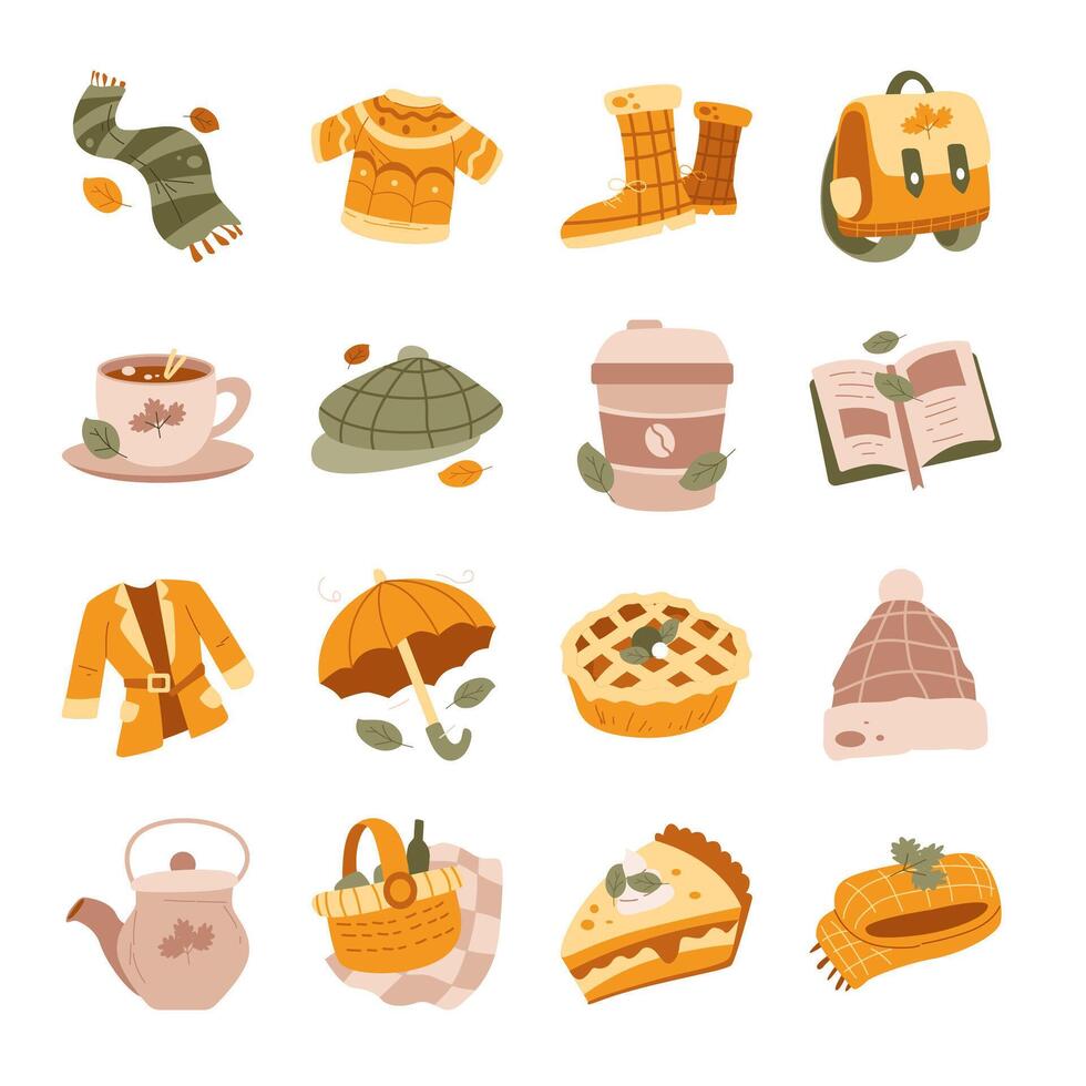 Autumn fall season illustration collection. Autumn object elements in cartoon hand drawn style vector