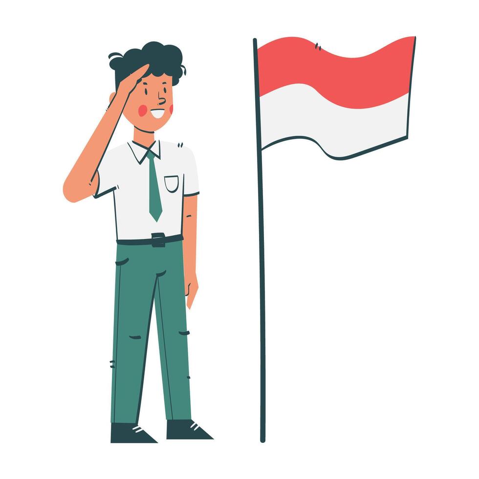 Indonesian student in traditional attire saluting the national flag, commemorating indonesian independence day vector
