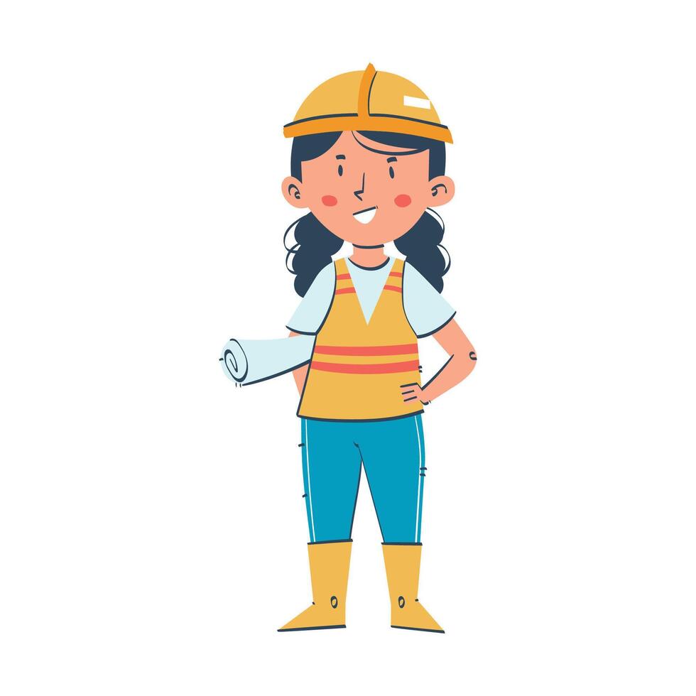 Illustration of Girl Engineer or Architect Holding Blueprint. Inspiring Future Careers for Kids vector