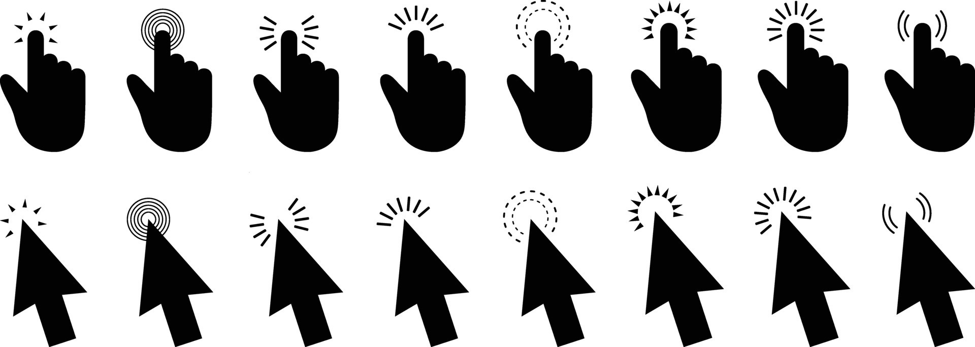 Black arrows and hands cursors symbol. Pointing hand clicks and ...