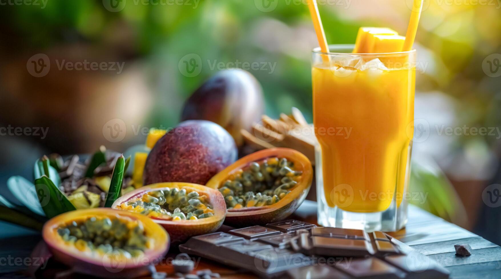 Passion fruit cocktails or lemonade in glass with ice cubes. Healthy summer drink. Blurred greenery background photo