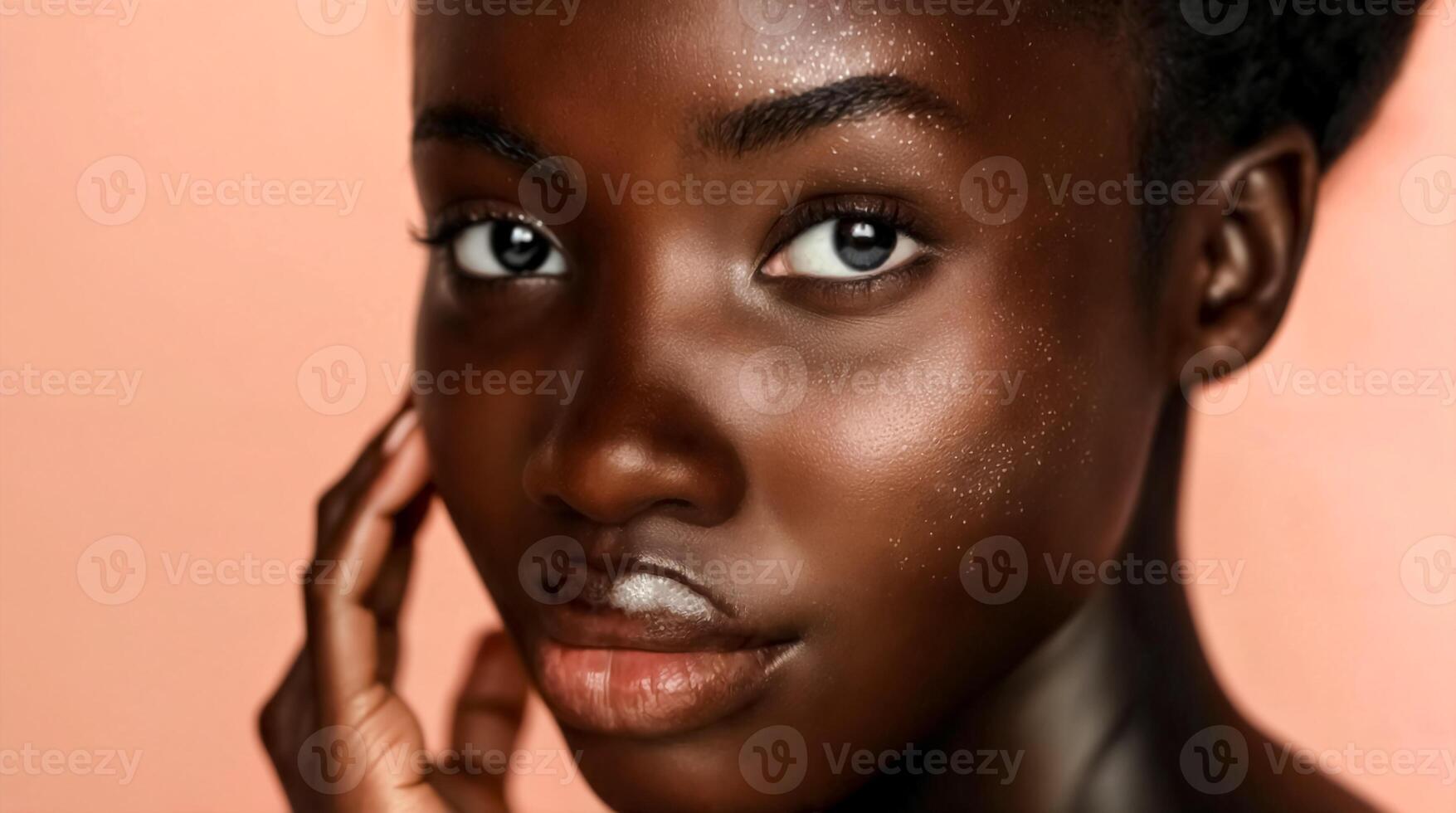 Close-up portrait of African woman with dark skin, highlighting her facial features and skin texture. Beautiful black girl photo