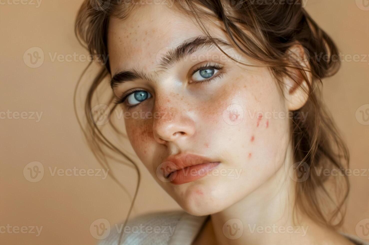 Portrait of young girl with problem skin. Teenage girl with acne, pimples, scars problem on beige background. Selective focus photo