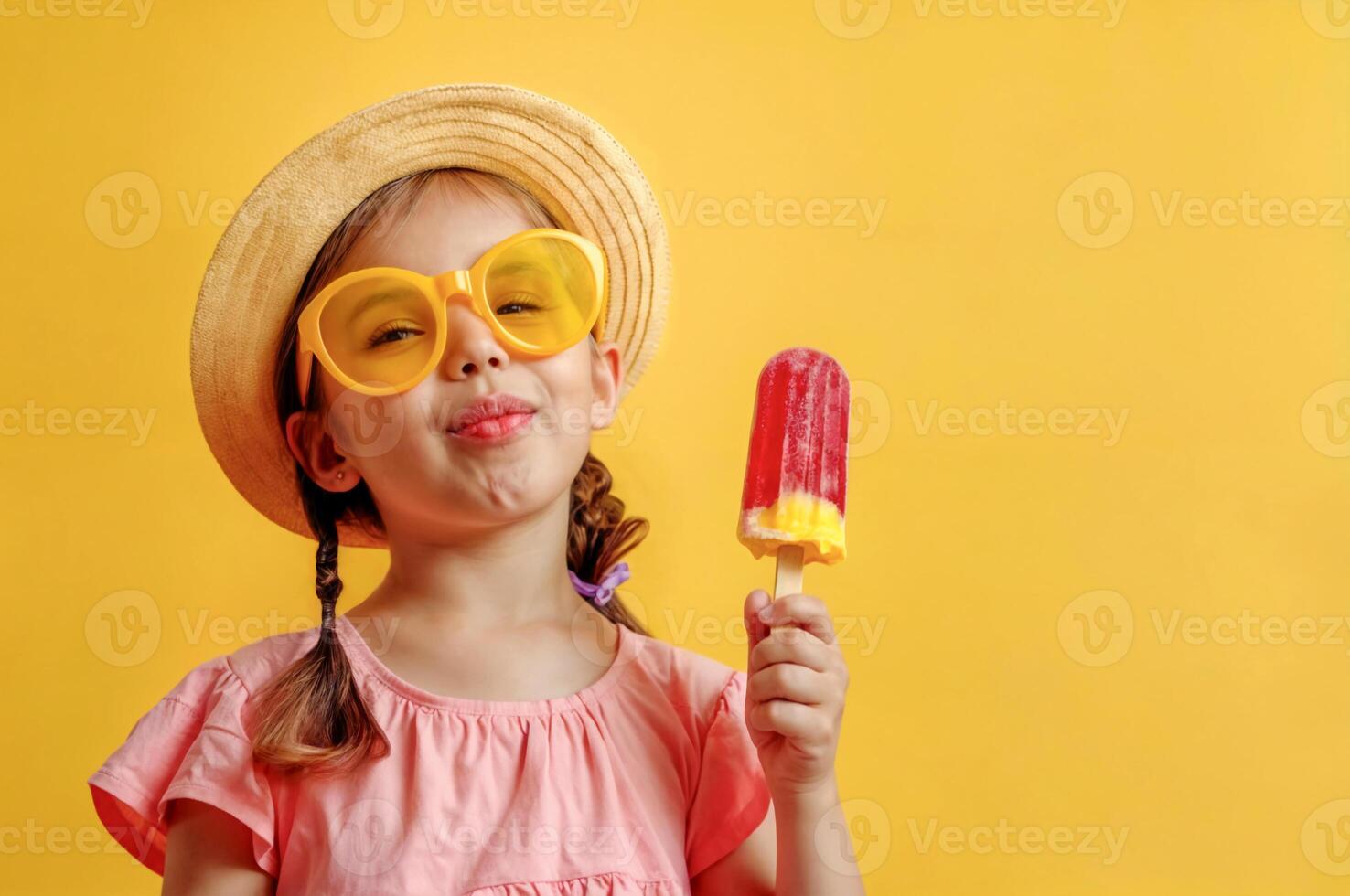 Cheerful little girl with fruit ice cream on yellow isolated background with copy space. Blonde female child with smirk on face in straw hat, sunglasses and pink top. She is holding a popsicle photo