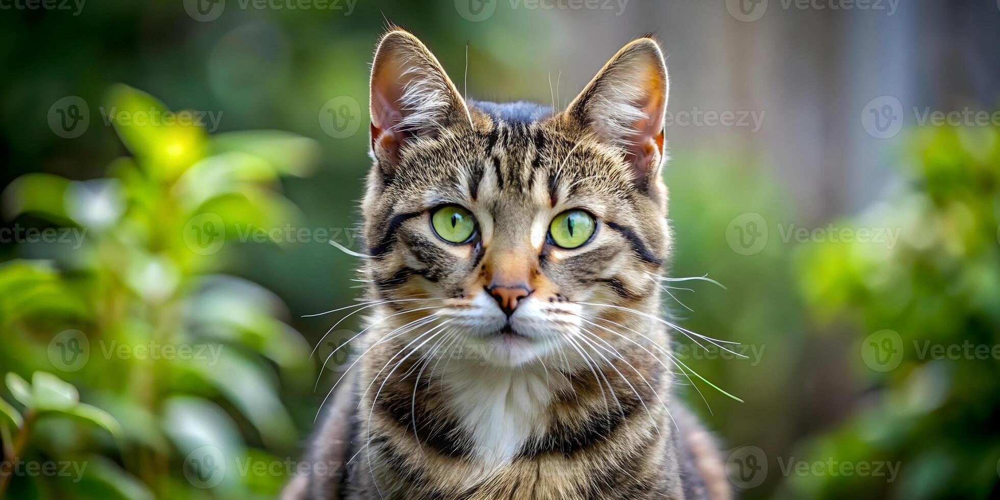 Tabby Cat Staring Intently in a Lush Garden Setting photo