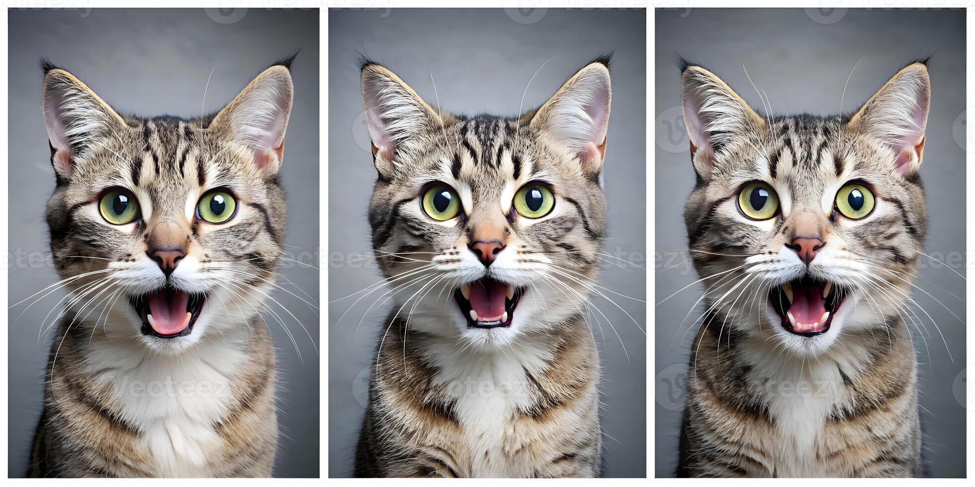 Expressive Tabby Cat Trio Capturing Hilarious Reactions in a Photobooth Style photo