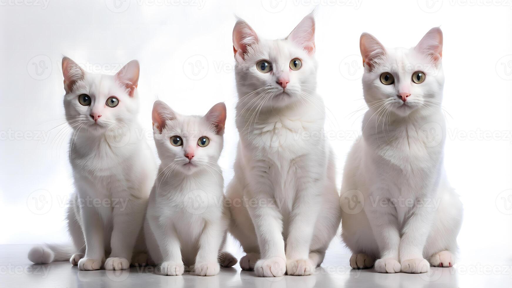 Three Elegant White Cats with Different Eye Colors Posing on White Background photo