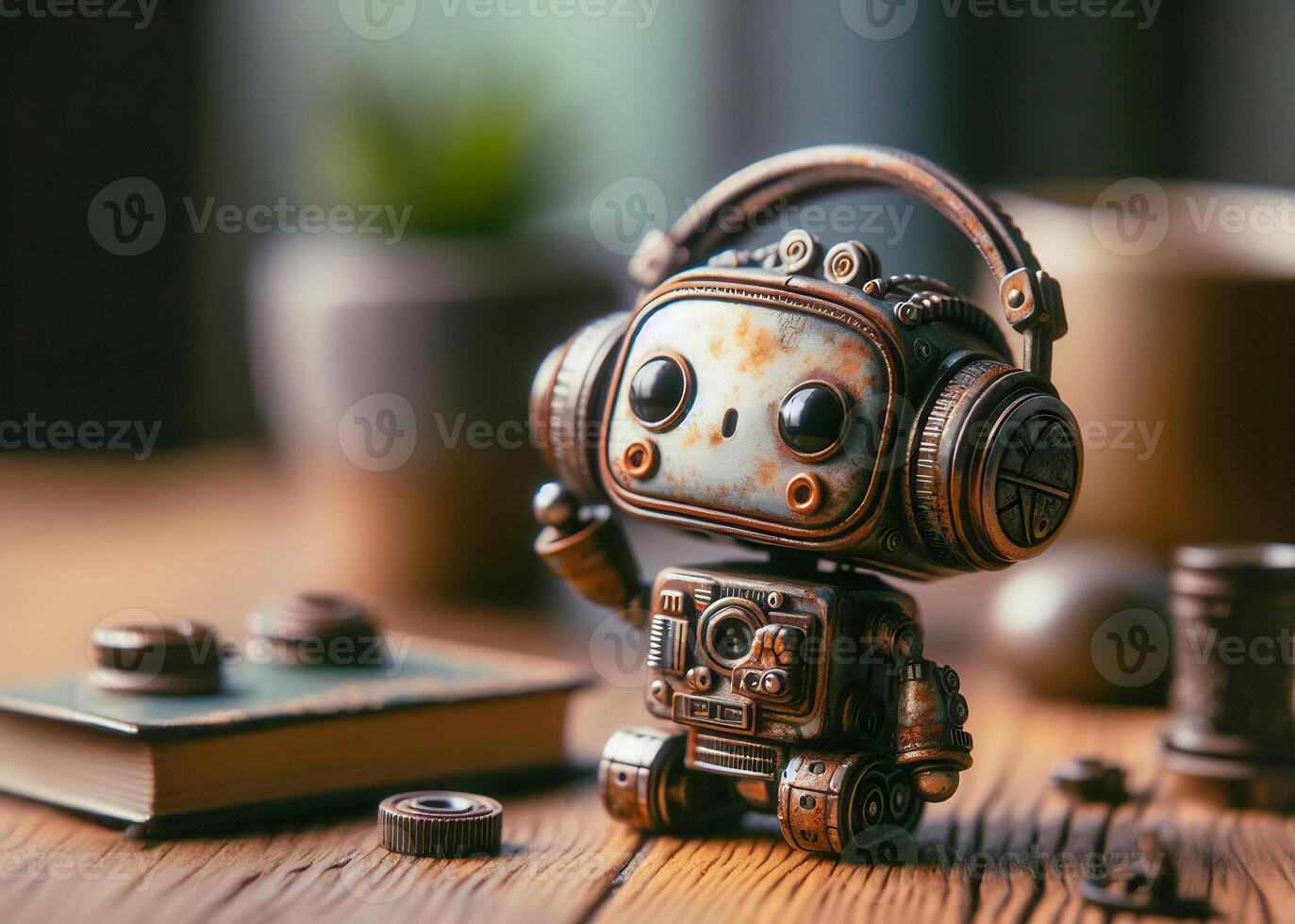 Nostalgic mini robot with rustic, stained appearance on a table under soft studio lighting in a vintage setting photo