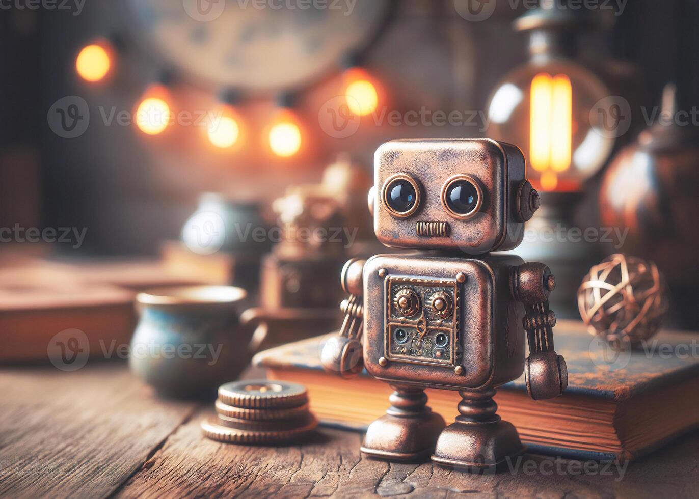 Nostalgic mini robot with rustic, stained appearance on a table under soft studio lighting in a vintage setting photo