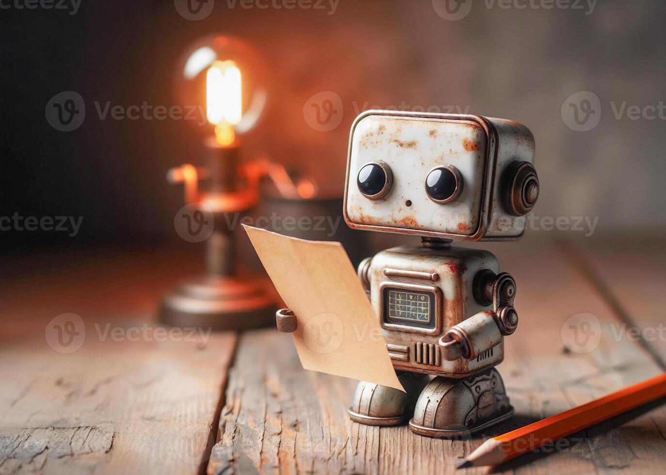 Nostalgic vintage mini robot with rustic, stained appearance holding paper and pencil on a table soft studio lighting photo