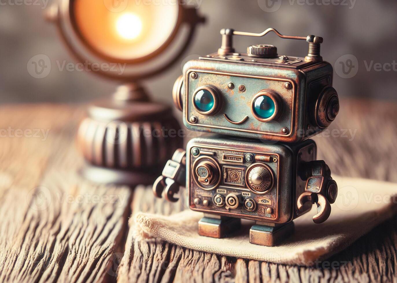 Nostalgic mini robot with rustic, stained appearance on a table under soft studio lighting in a vintage setting photo