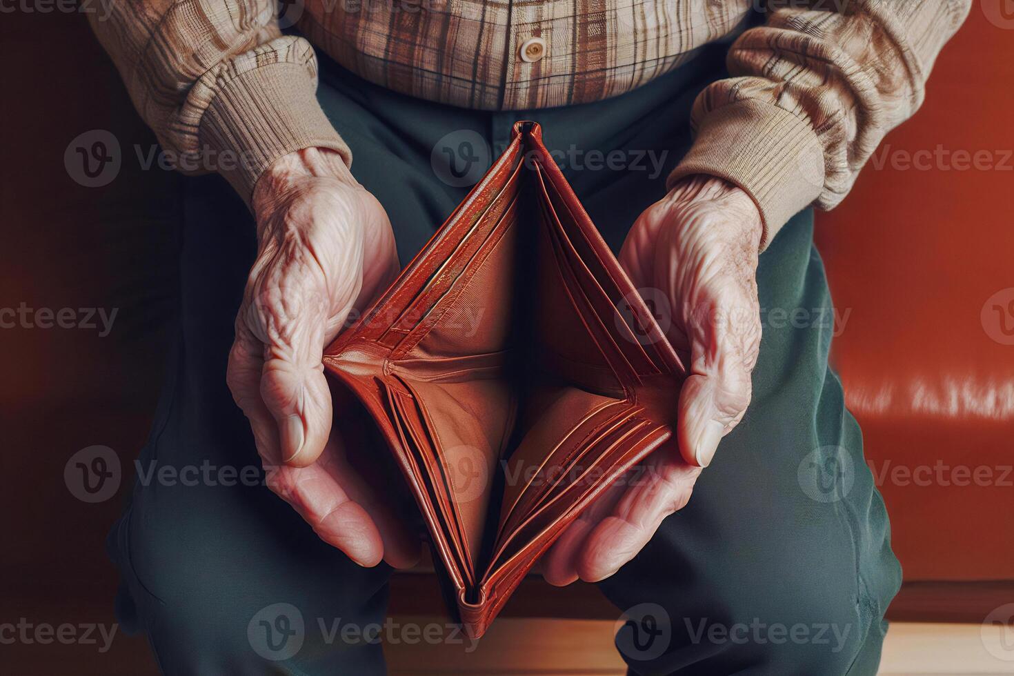 Closeup aged hands holding empty, worn-out leather wallet, aging financial struggle photo