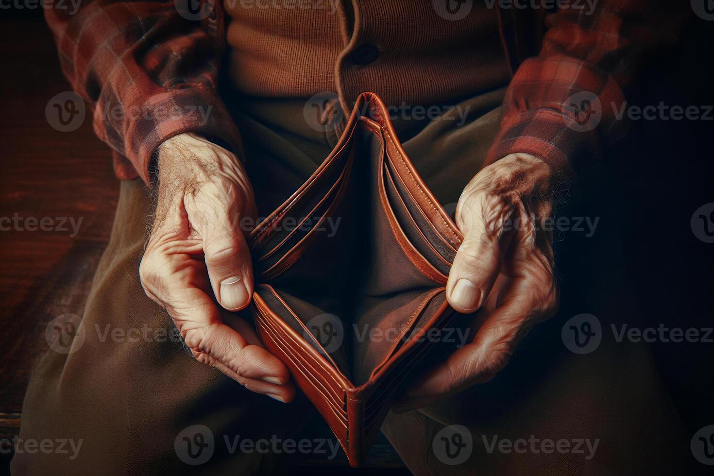 Closeup aged hands holding empty, worn-out leather wallet, aging financial struggle photo