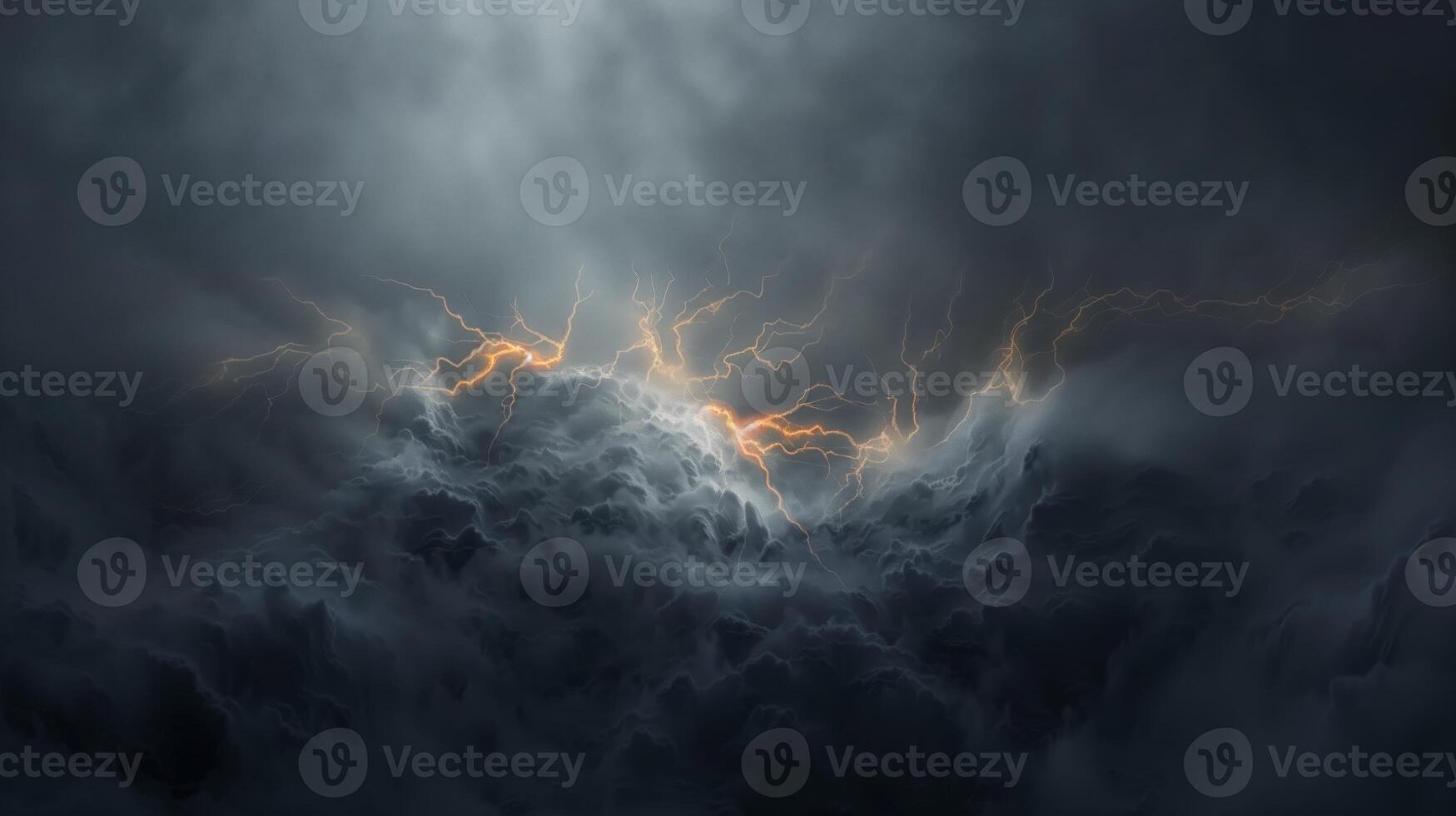Bright flashes of lightning in a black sky with dark clouds photo