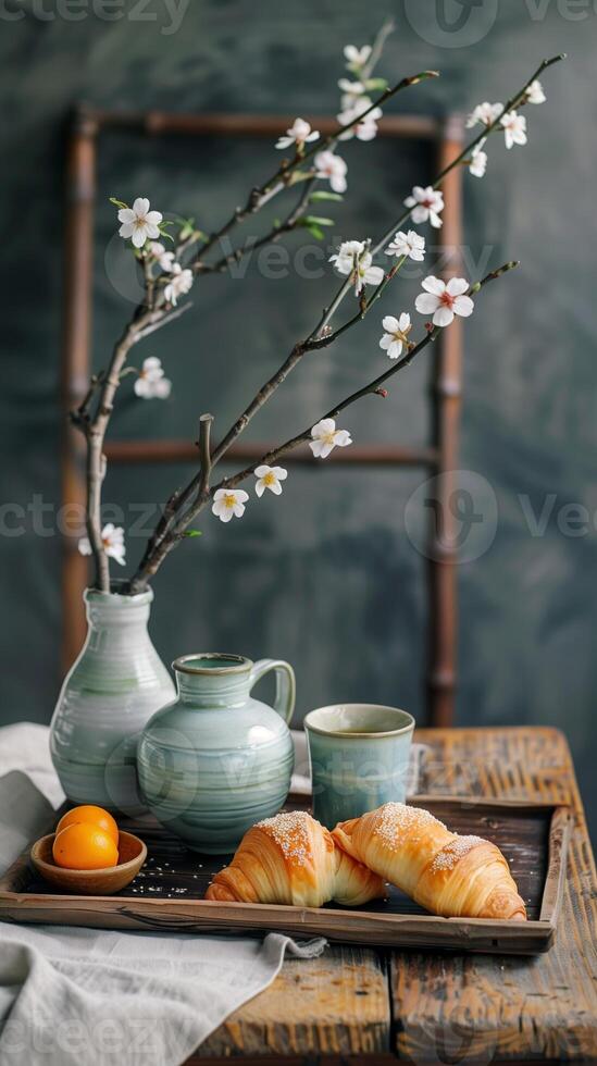 Japanese breakfast with croissants and cherry blossom branches in a vase photo