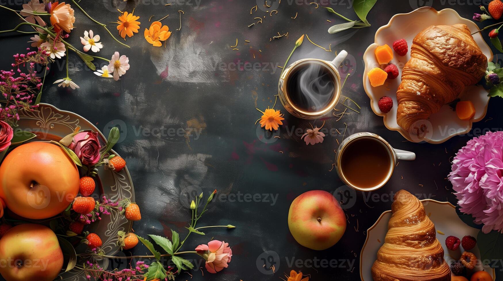 Early breakfast with black strong aromatic coffee and a croissant, complemented by fresh berries and flowers in white dishes photo