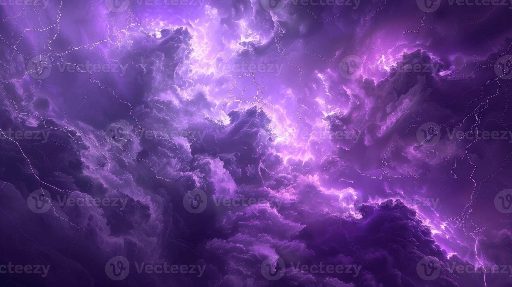 Rolls of thunder and lightning in a purple sky shrouded in dark clouds. illustration photo