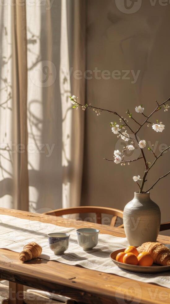 Japanese breakfast with aromatic crispy croissants, hot coffee and tangerines stands on a table decorated with a vase with cherry blossom branches photo