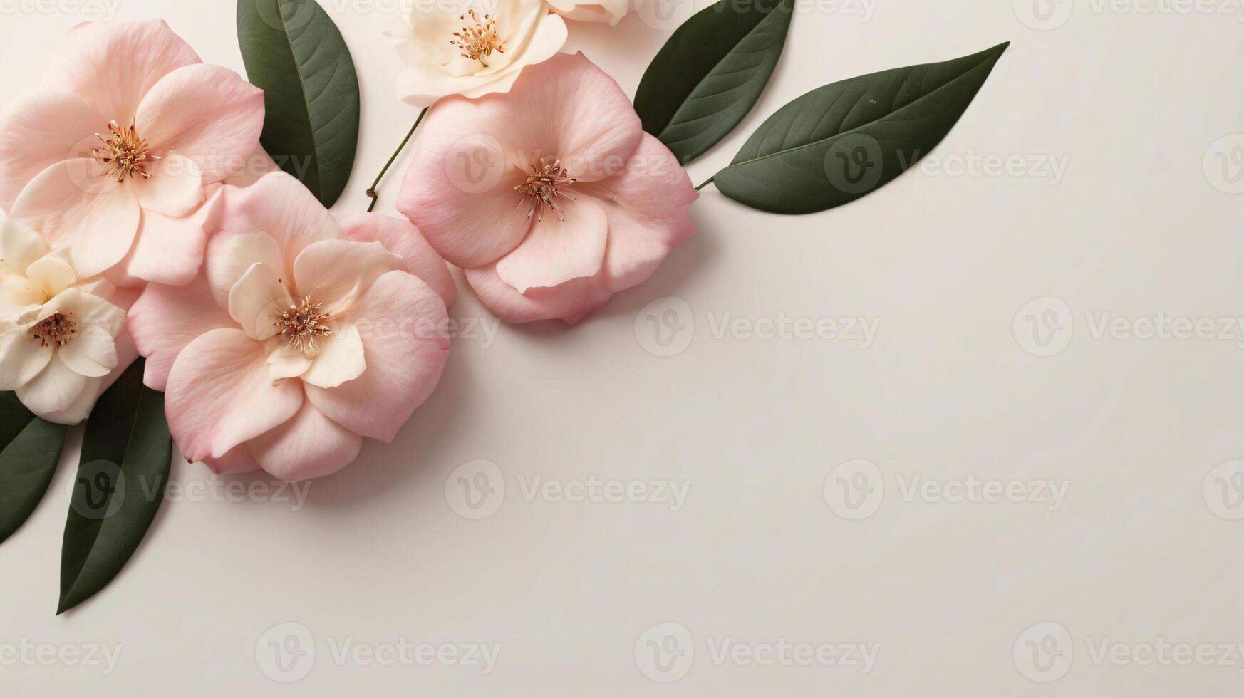 flowers and leaves creative frame on a background. Top view, flat lay. Floral composition and design photo