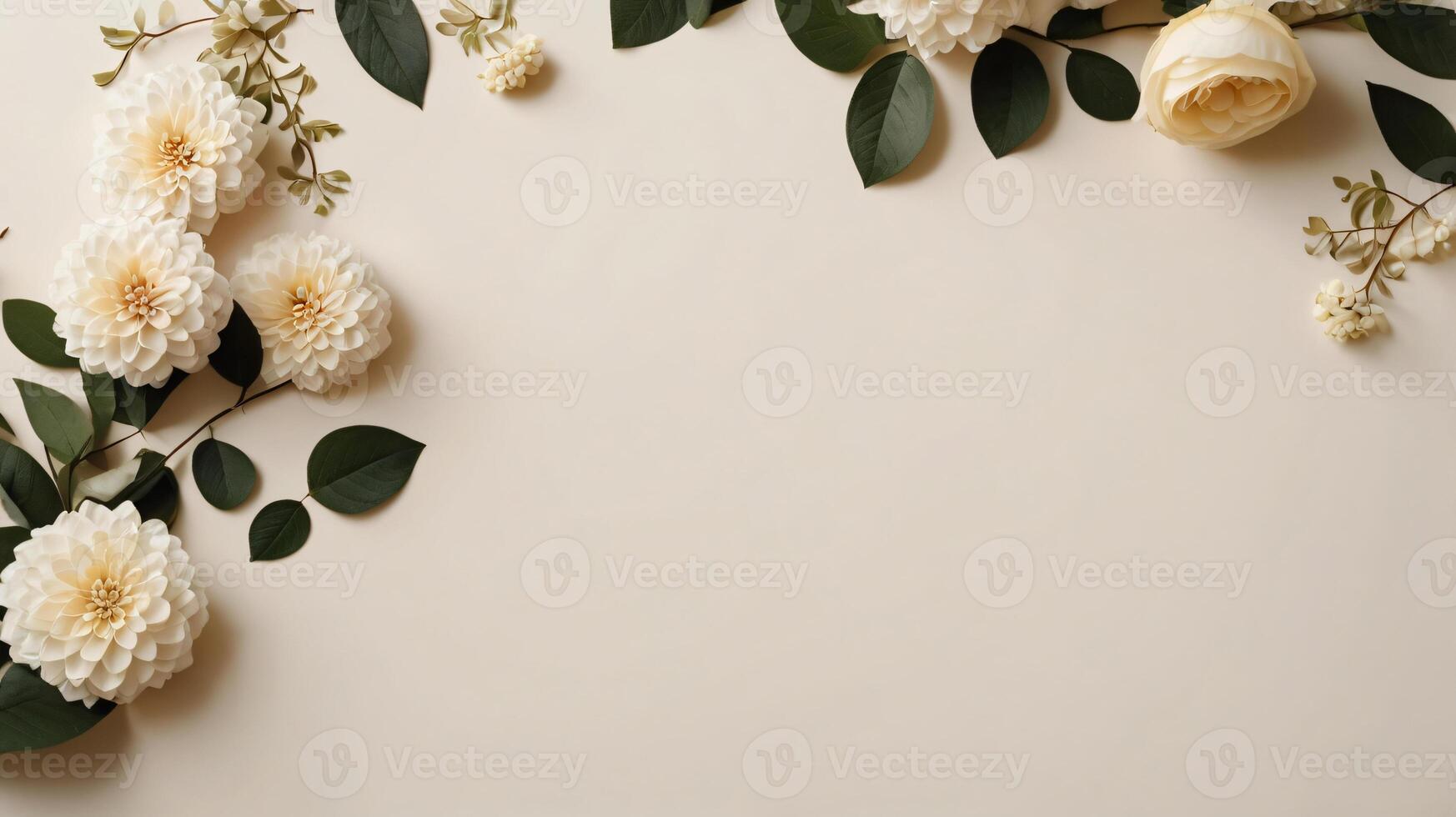 Mockup with frame, flowers and leaves over beige pastel background. Flat lay, top view photo