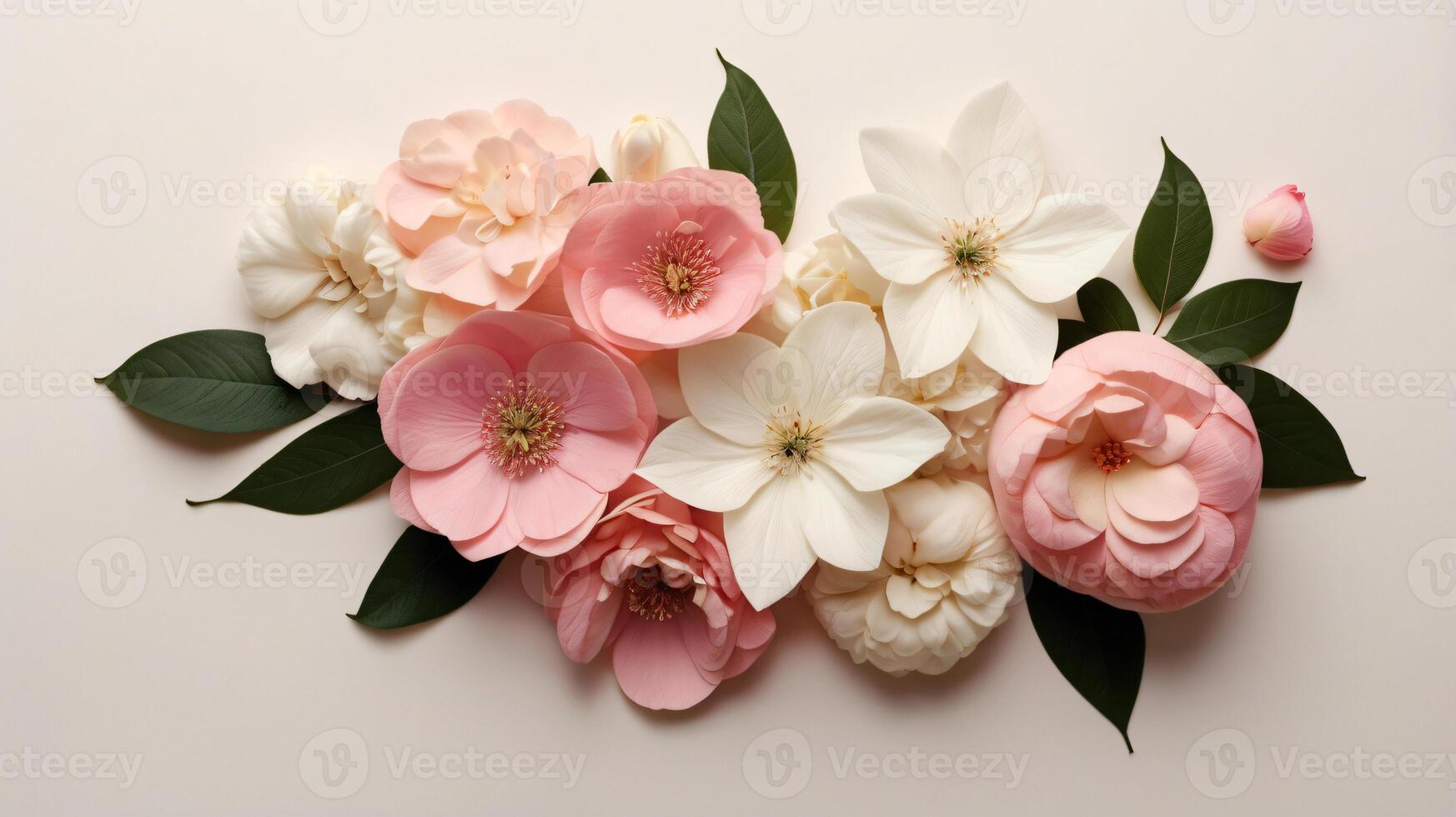 flowers and leaves creative frame on a background. Top view, flat lay. Floral composition and design photo