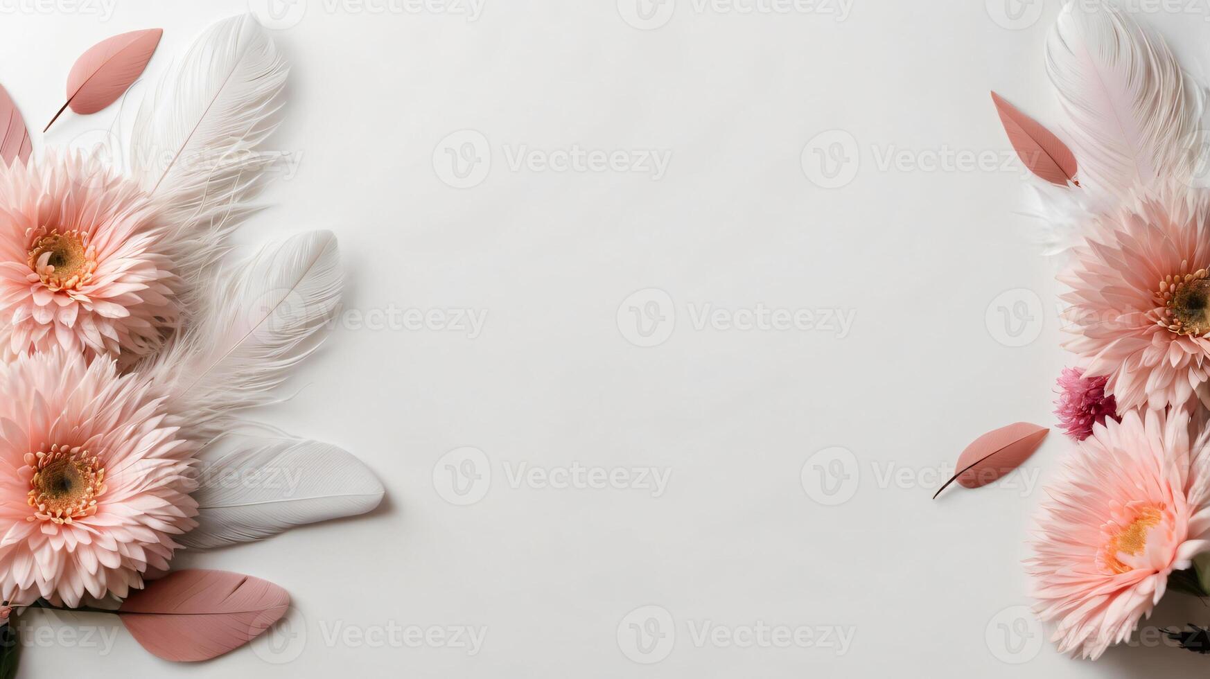 Ivory and peach flowers and feathers on a background, floral frame, copy space photo