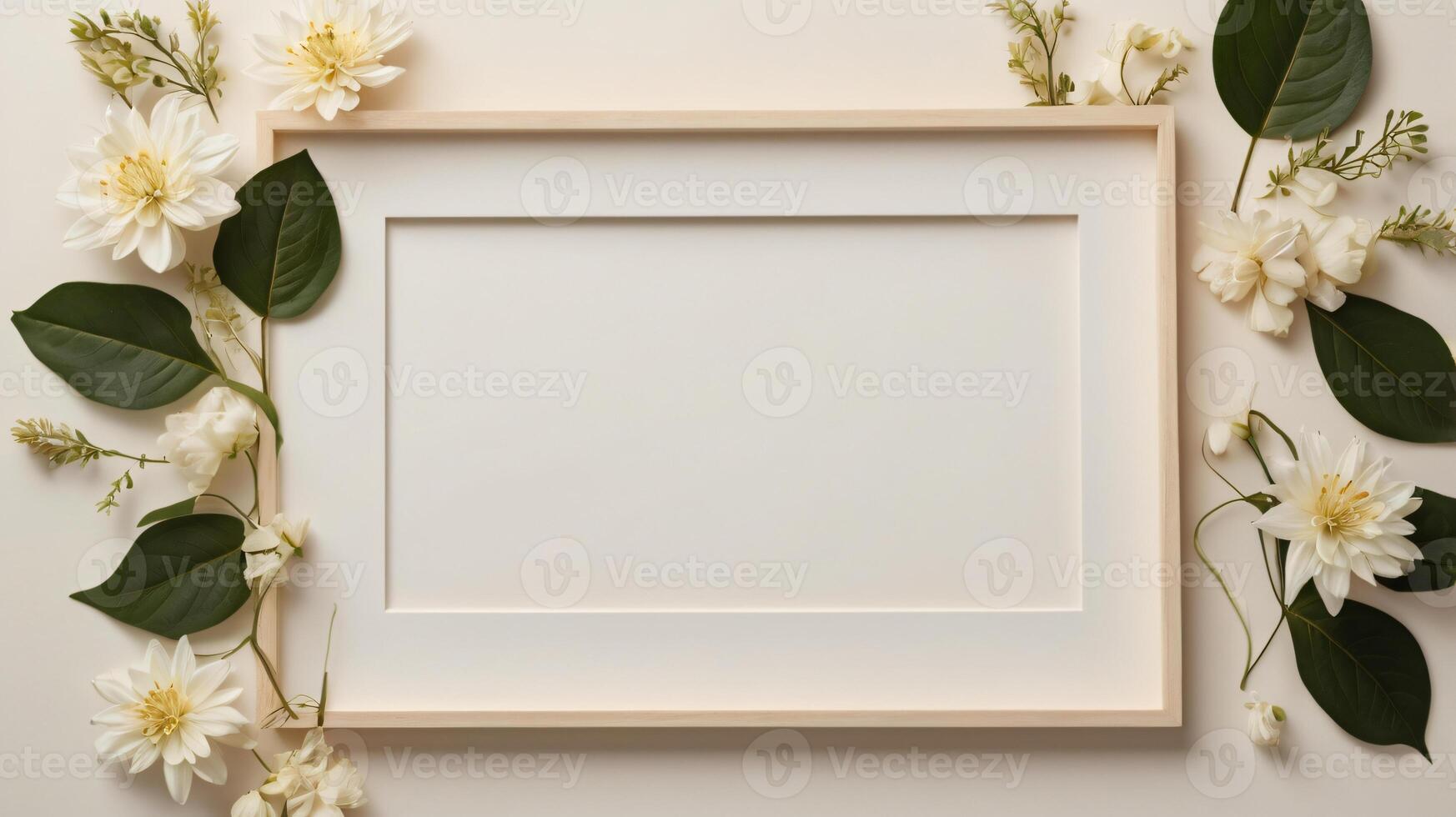 Mockup with frame, flowers and leaves over beige pastel background. Flat lay, top view photo