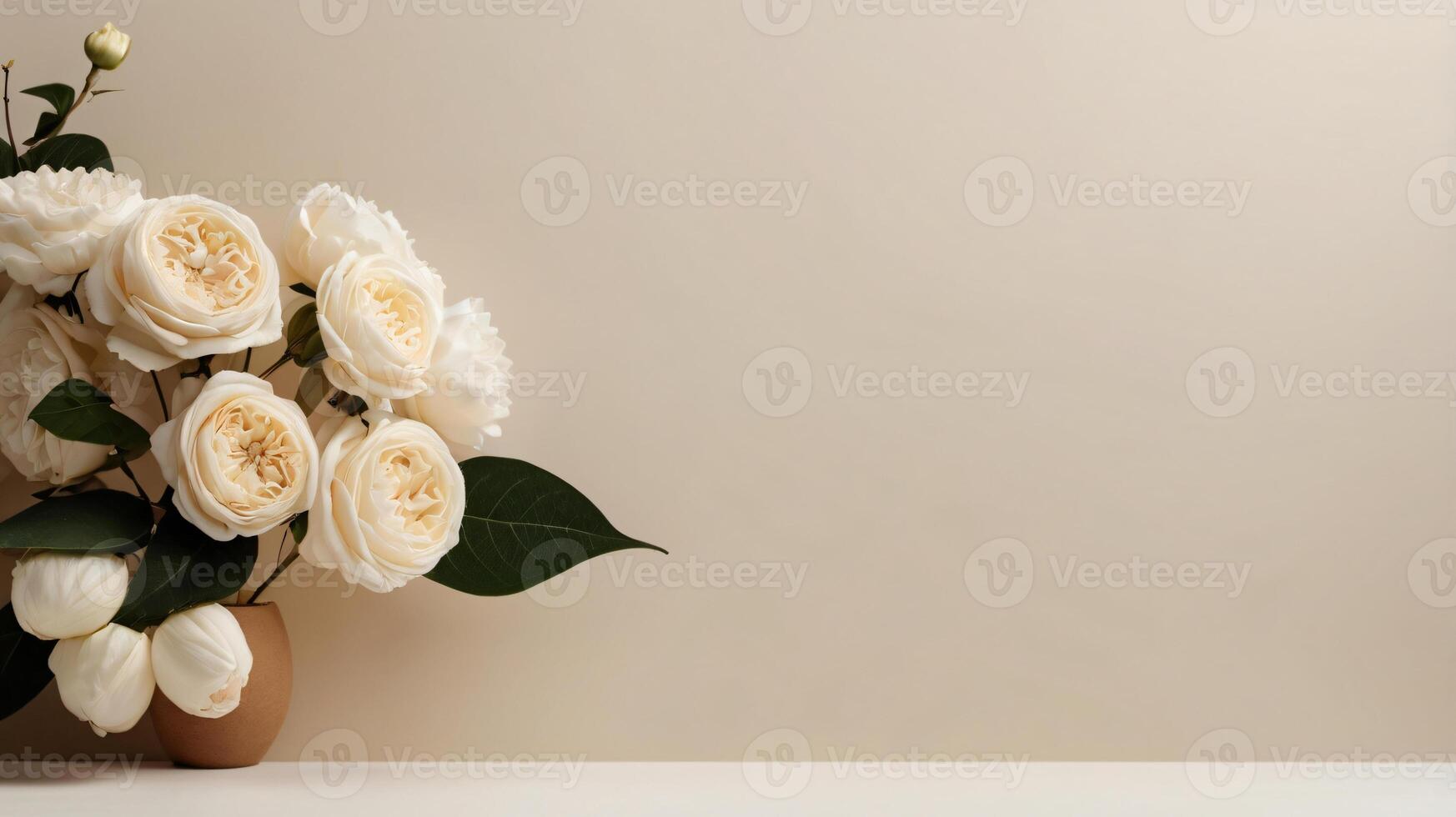 Mockup with frame, flowers and leaves over beige pastel background. Flat lay, top view photo