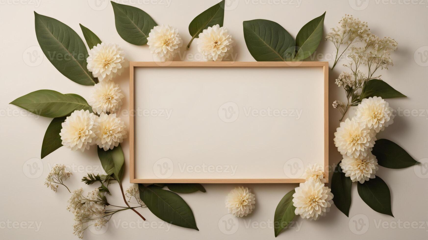 Mockup with frame, flowers and leaves over beige pastel background. Flat lay, top view photo