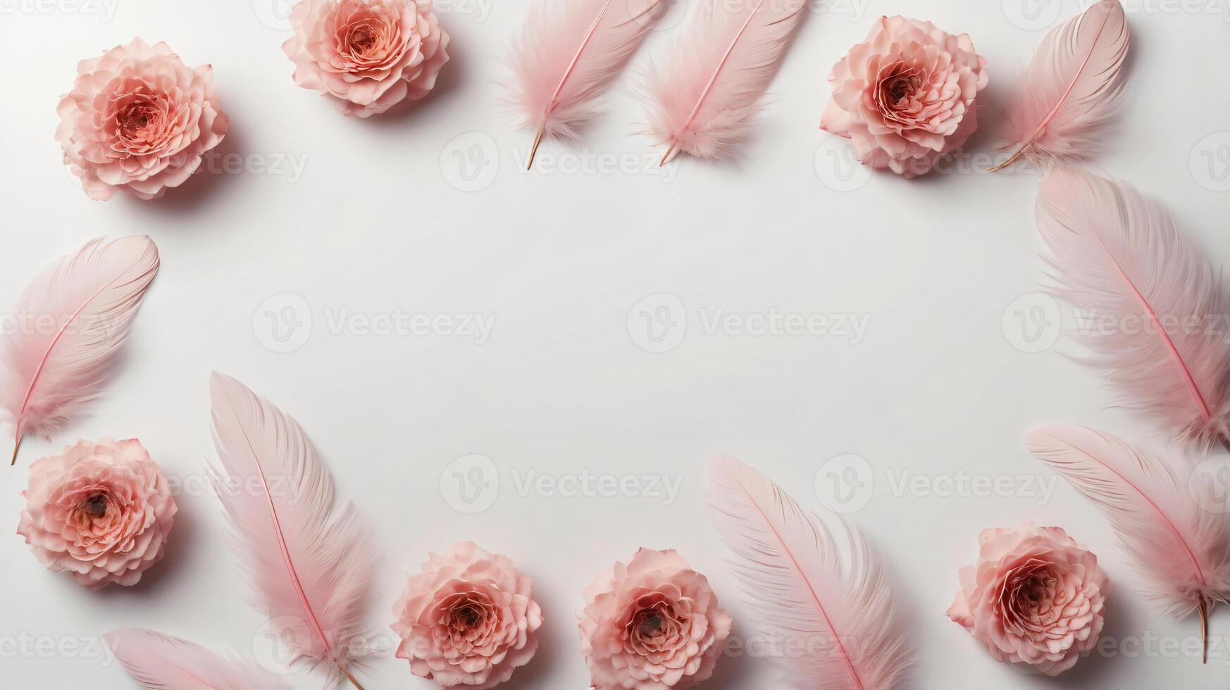 Ivory and peach flowers and feathers on a background, floral frame, copy space photo