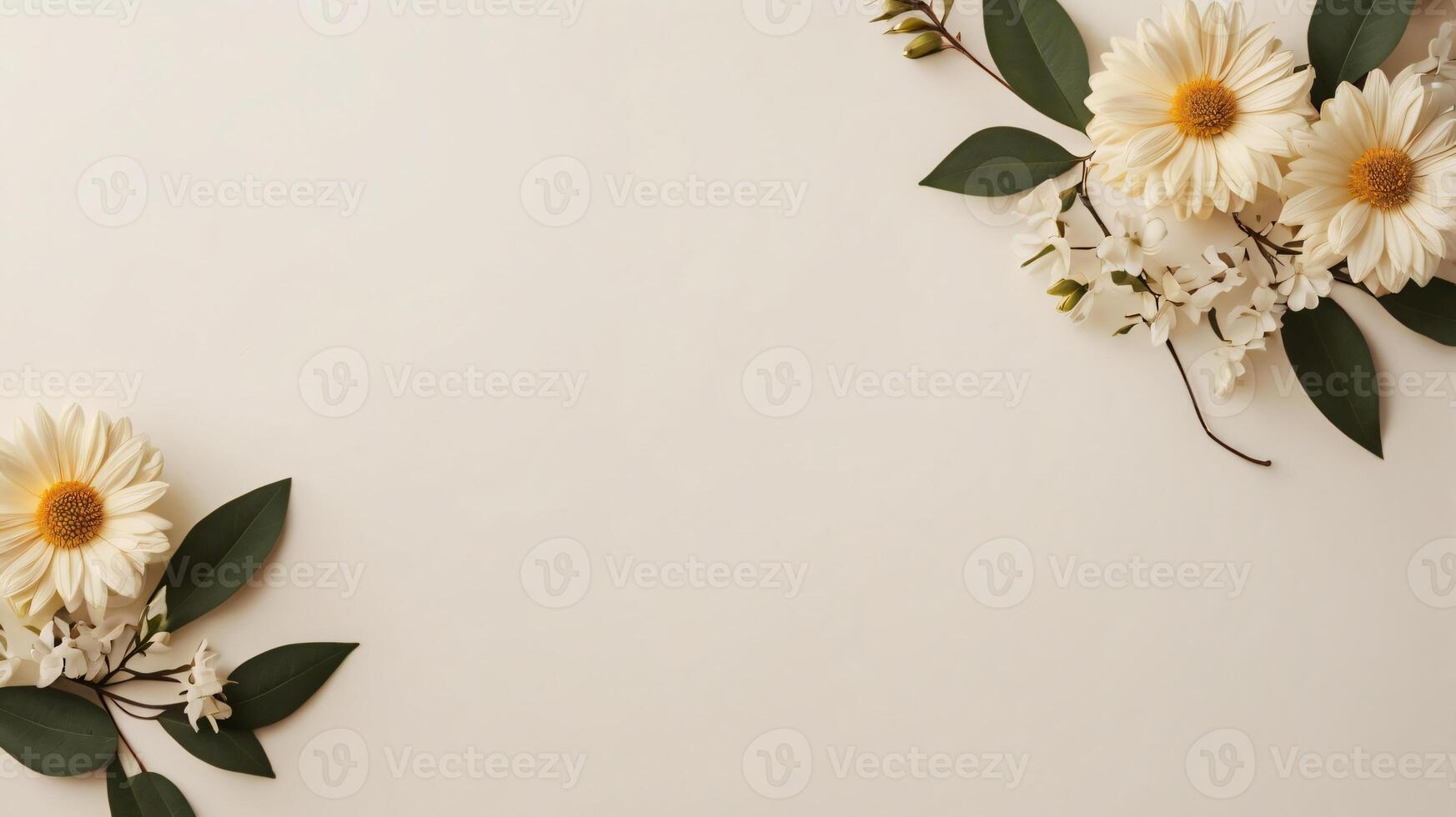 Mockup with frame, flowers and leaves over beige pastel background. Flat lay, top view photo