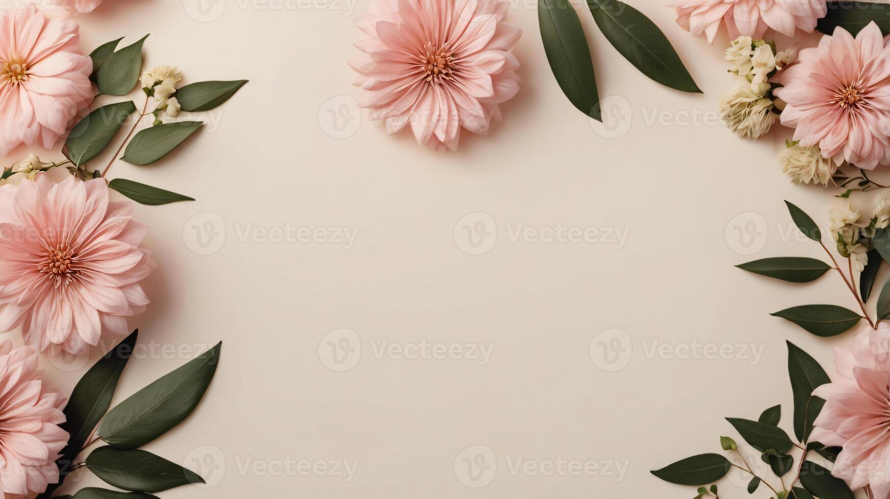 flowers and leaves creative frame on a background. Top view, flat lay. Floral composition and design photo