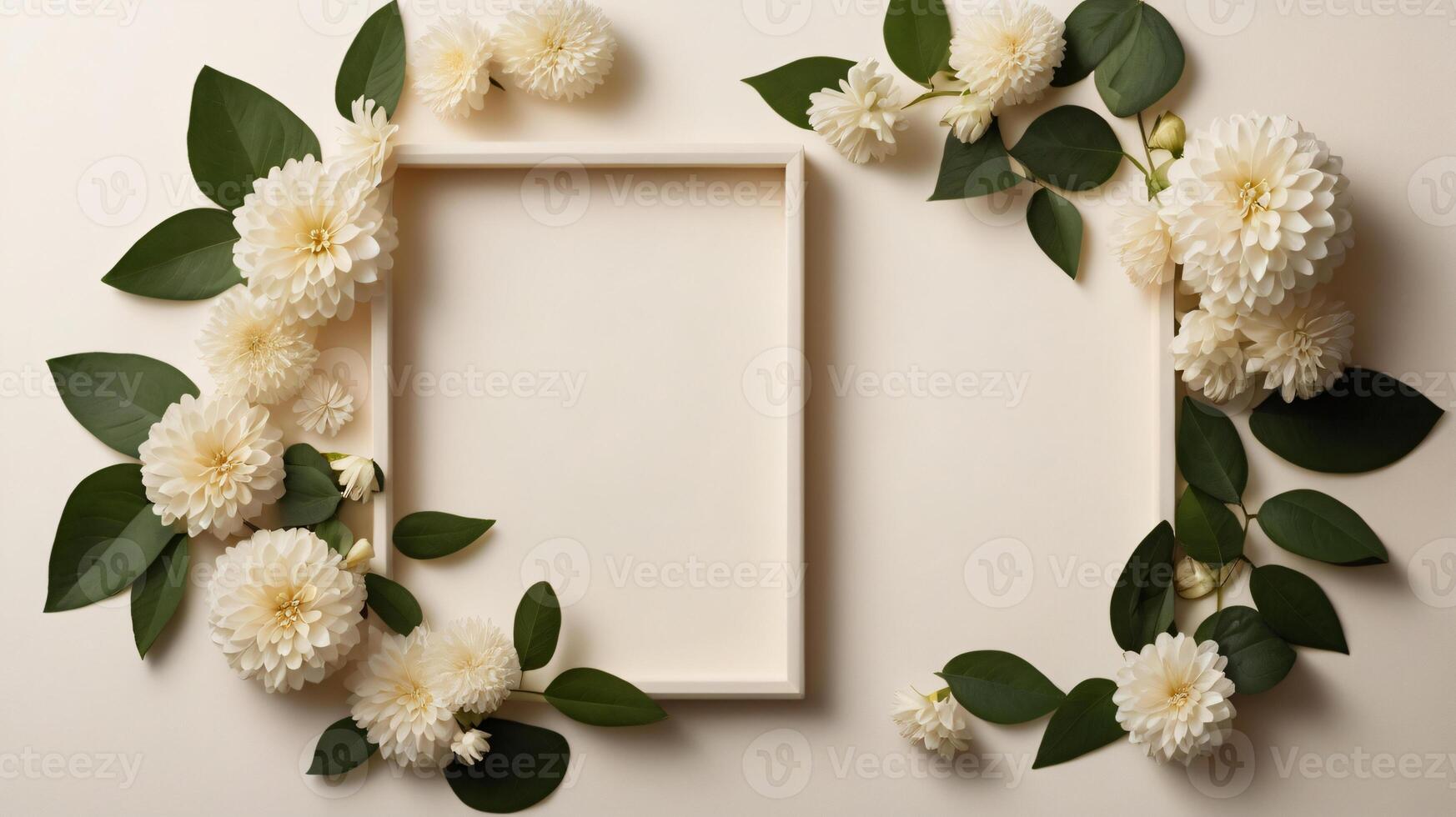 Mockup with frame, flowers and leaves over beige pastel background. Flat lay, top view photo