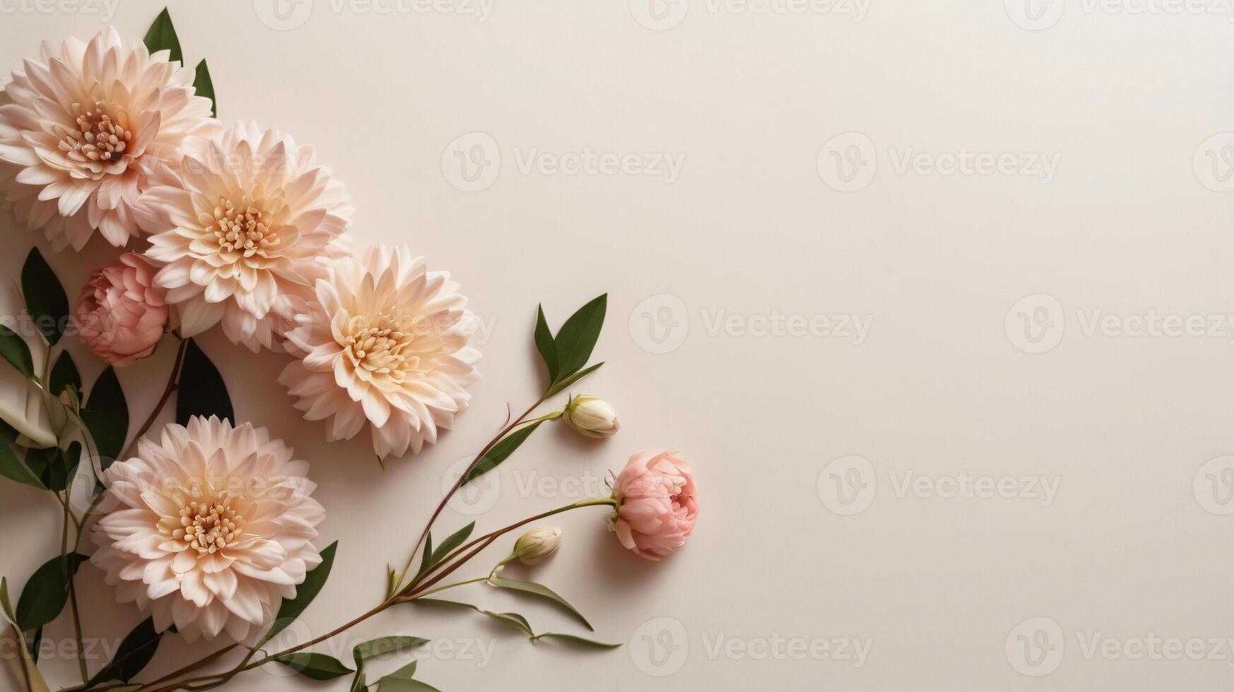flowers and leaves creative frame on a background. Top view, flat lay. Floral composition and design photo