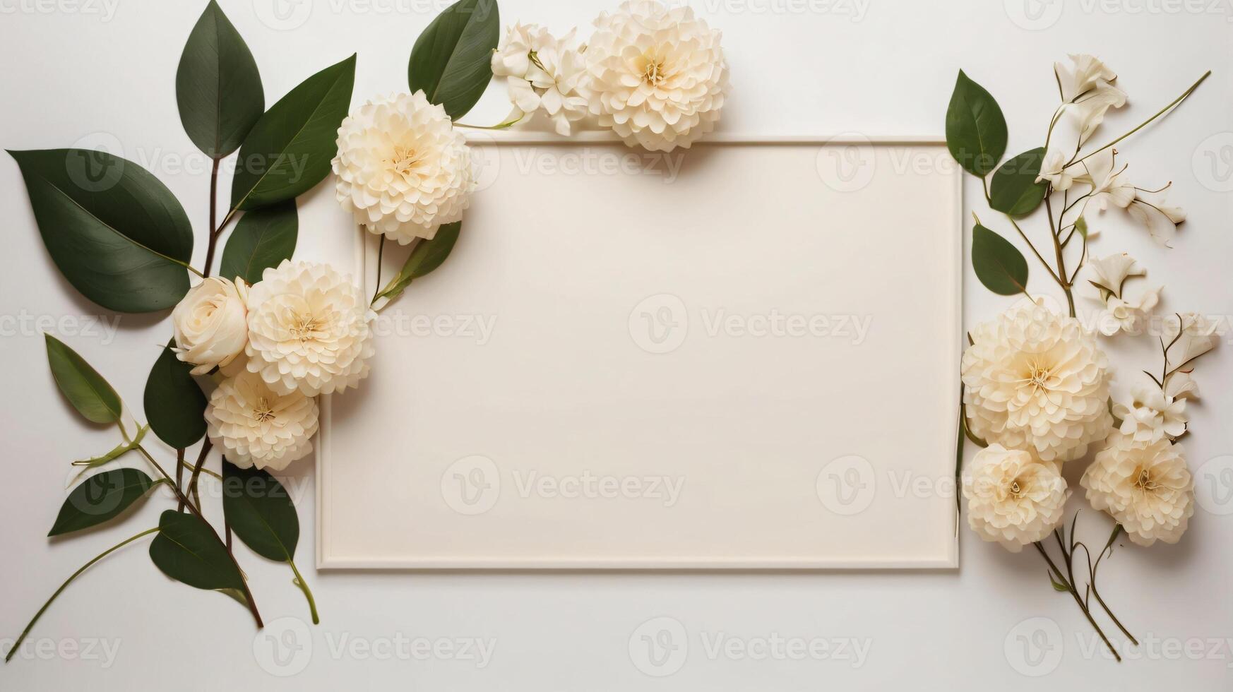 Mockup with frame, flowers and leaves over beige pastel background. Flat lay, top view photo