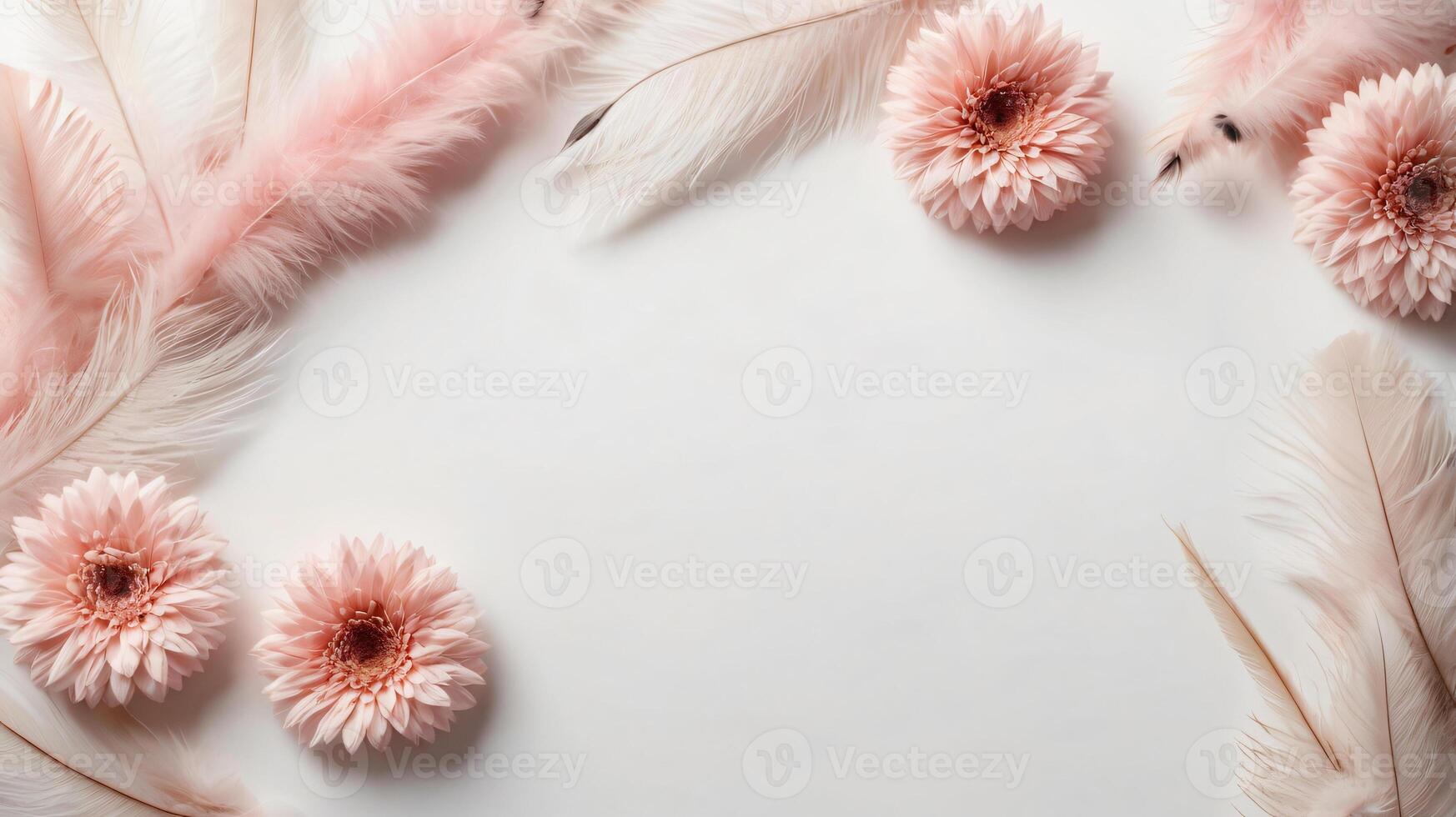 Ivory and peach flowers and feathers on a background, floral frame, copy space photo