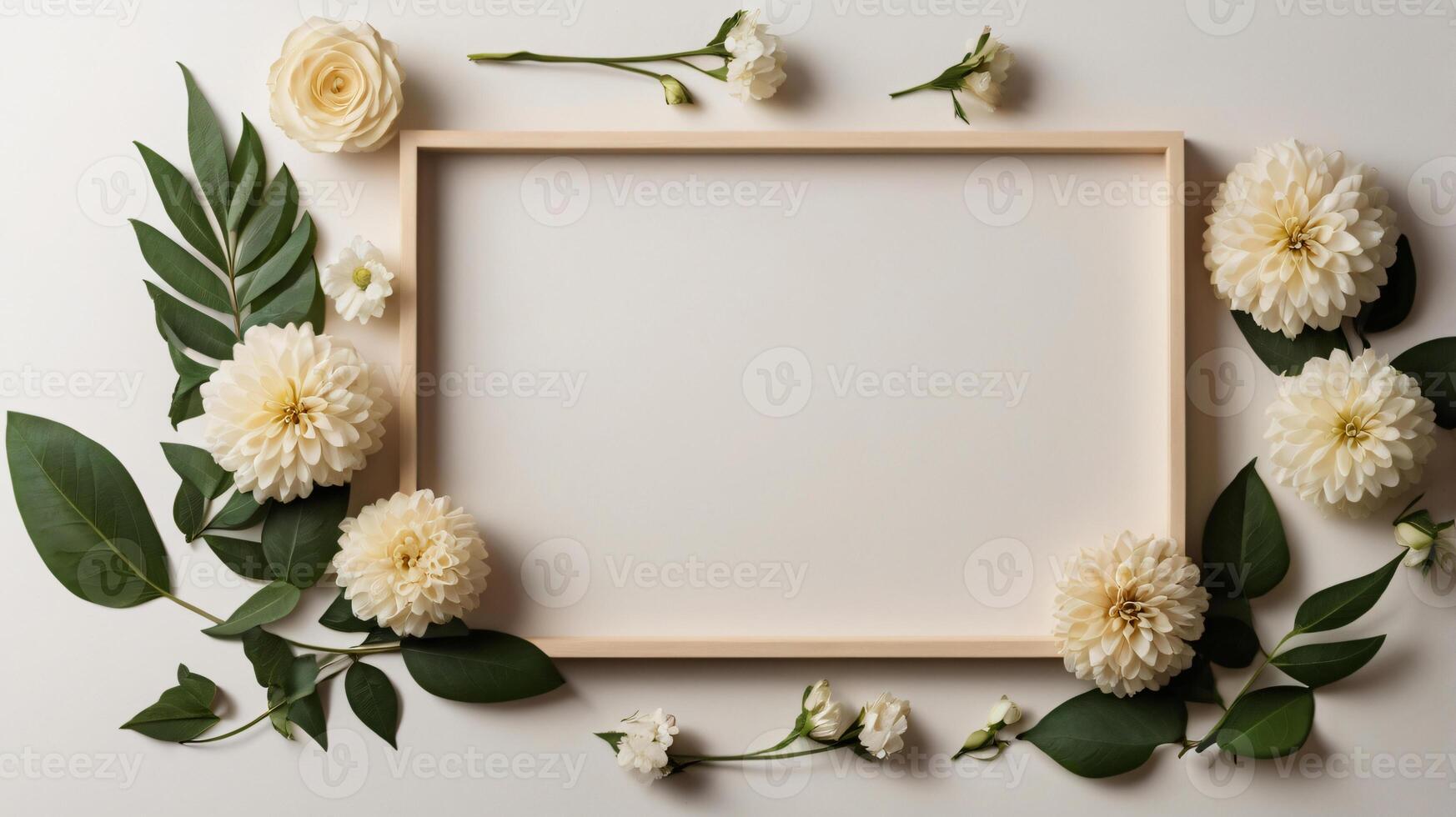 Mockup with frame, flowers and leaves over beige pastel background. Flat lay, top view photo