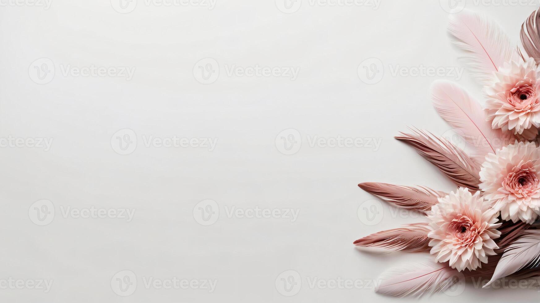 Ivory and peach flowers and feathers on a background, floral frame, copy space photo