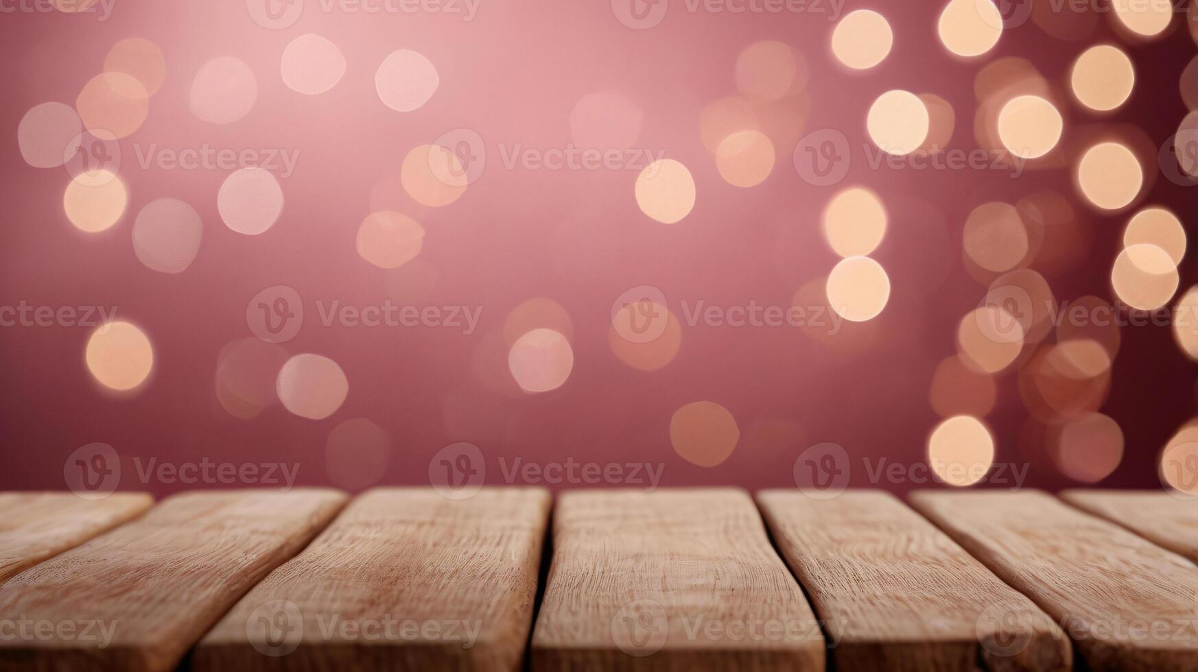 Wooden table over pink bokeh lights background. Valentine's day or women day concept, copy space photo