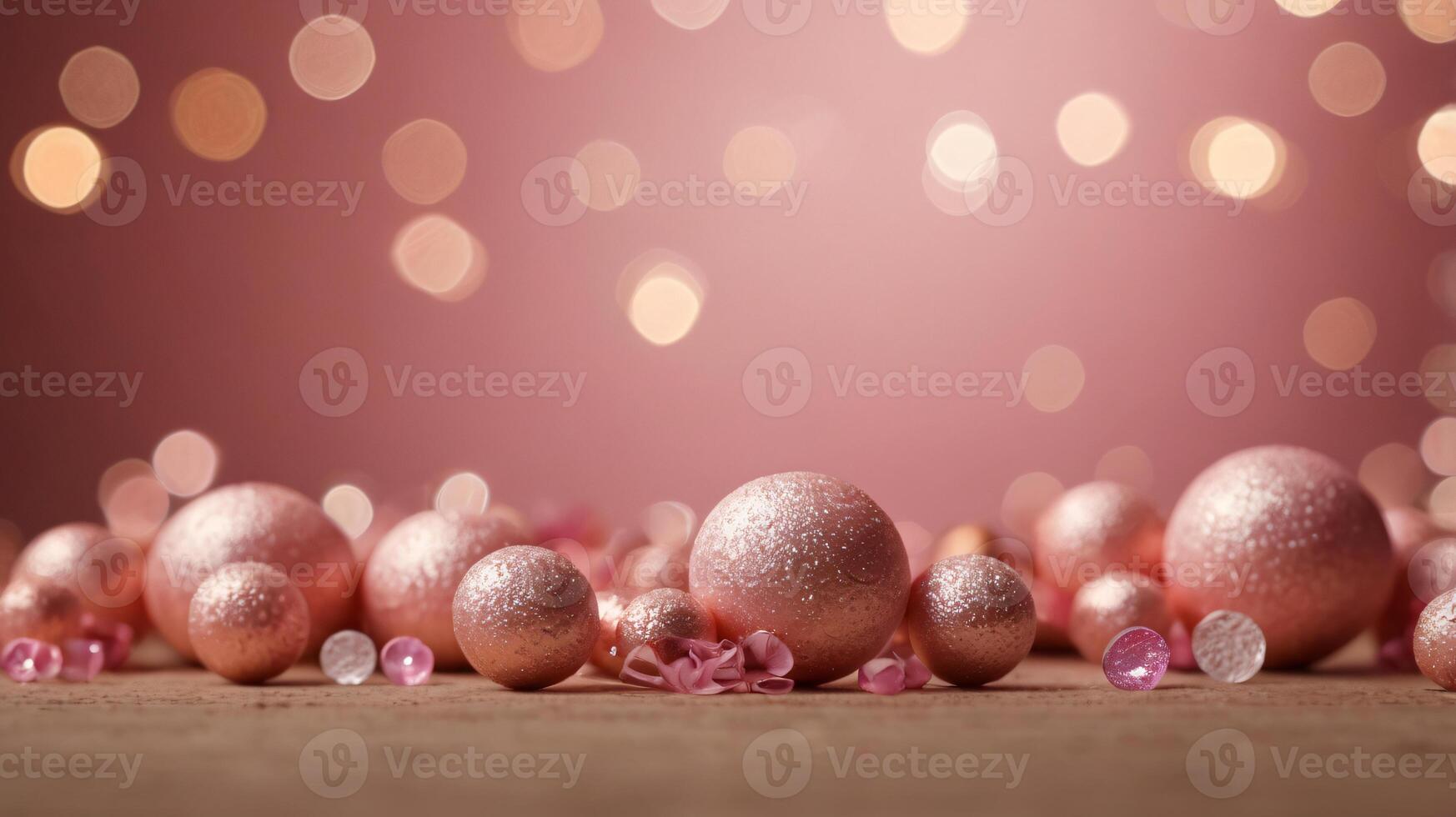 Wooden table over pink bokeh lights background. Valentine's day or women day concept, copy space photo